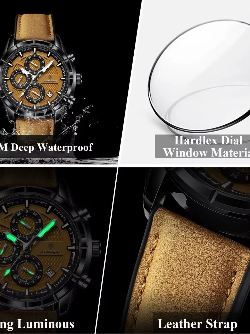 Luxury Sports Chronograph Quartz Watch Genuine Leather Strap Waterproof Watch